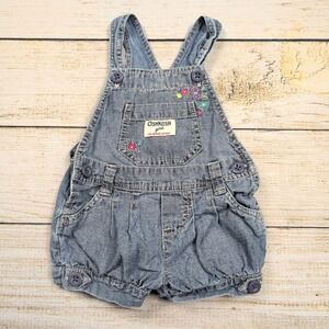 OshKosh Bgosh VTG Baby Girls Denim Overall Shortalls 9 Months Flowers‎ Bubble